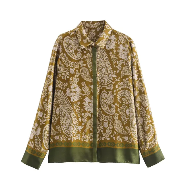 Printing Lapel Breasted Long Sleeve Shirt Trousers Silk Satin Suit 8956192 Top M - Shop at LoveMi