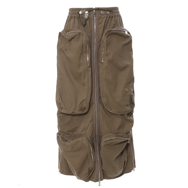 Three-dimensional Zipper Pocket Side Slit Midi Skirt - Brown