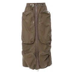 Three-dimensional Zipper Pocket Side Slit Midi Skirt - Brown - View 1