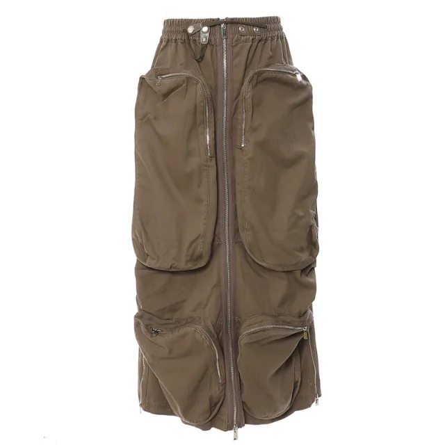 Three dimensional Zipper Pocket Side Slit Midi Skirt Brown - Shop at LoveMi
