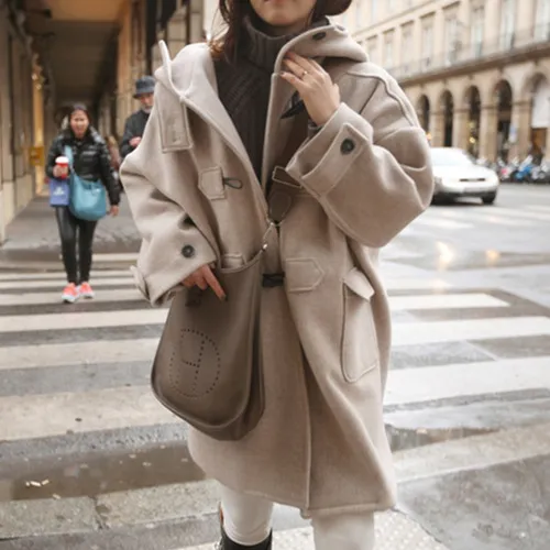 Autumn New Korean Style Hooded Cotton Addition Thick Woolen Coat Women Khaki - Shop at LoveMi