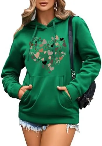 Women's Pattern Hoodie Heart Shape Printed Drawstring Pullover Top Green Heart Shape - Shop at LoveMi
