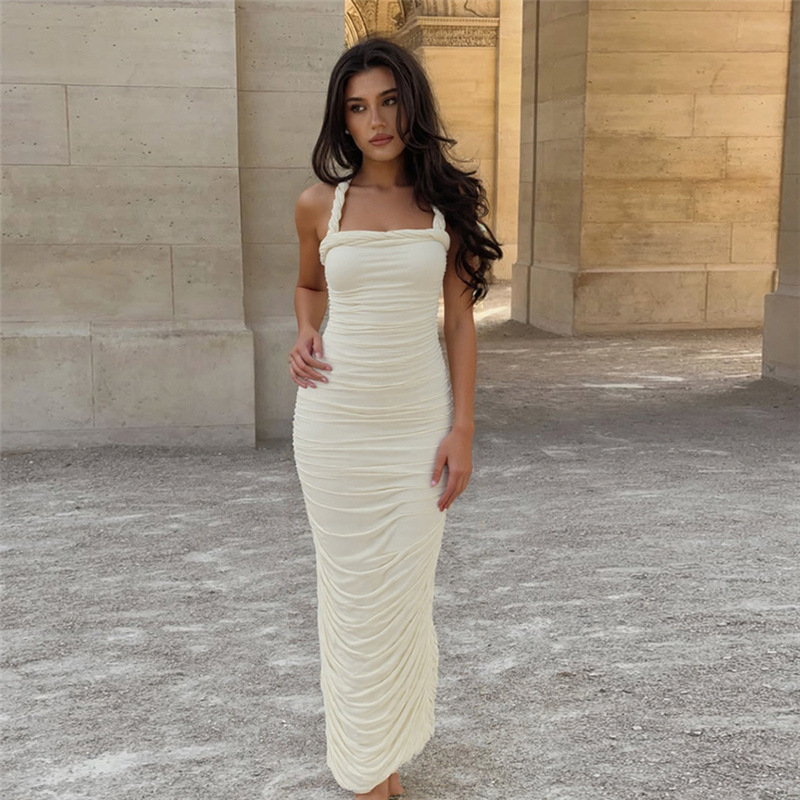 European And American Adult Lady Like Woman French Sexy Pleated Suspender Sleeveless Backless Sheath Dress