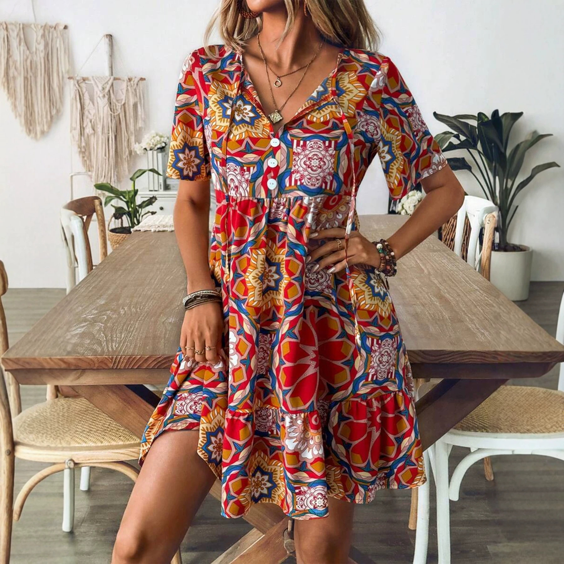 Summer Bohemian Stretch-Waist Printed Dress