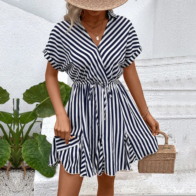 European And American Style Dress Polo Collar Stripes Shirt Skirt Dark Blue - Shop at LoveMi