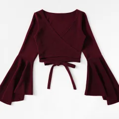 Fashion Design Women's T-shirt Autumn And Winter Bat Sleeve Short Crop Top Dark Red - Dark Red - View 1