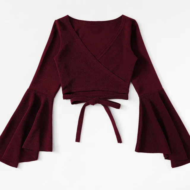 Fashion Design Women's T shirt Autumn And Winter Bat Sleeve Short Crop Top Dark Red Dark Red - Shop at LoveMi