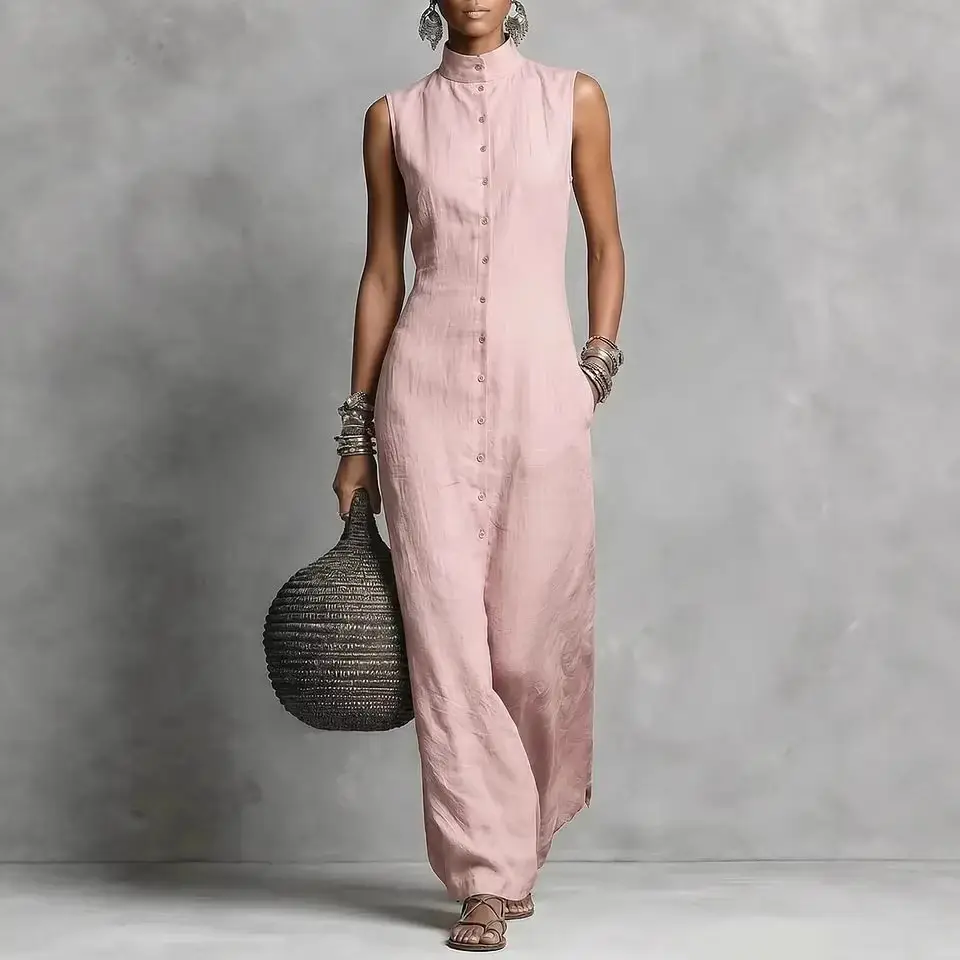 Solid-color Womens Stand-up Collar Single-breasted Sleeveless Jumpsuit