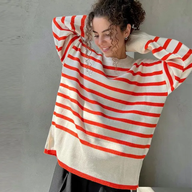 Autumn Winter Pullover Contrast Color Round Neck Sweater Orange - Shop at LoveMi