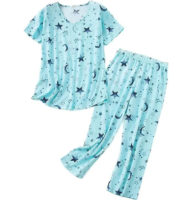 Short sleeved Cropped Pants Suit Knitted Cotton Plus Size Women's Pajama Suit Suit Green Xingx - Shop at LoveMi