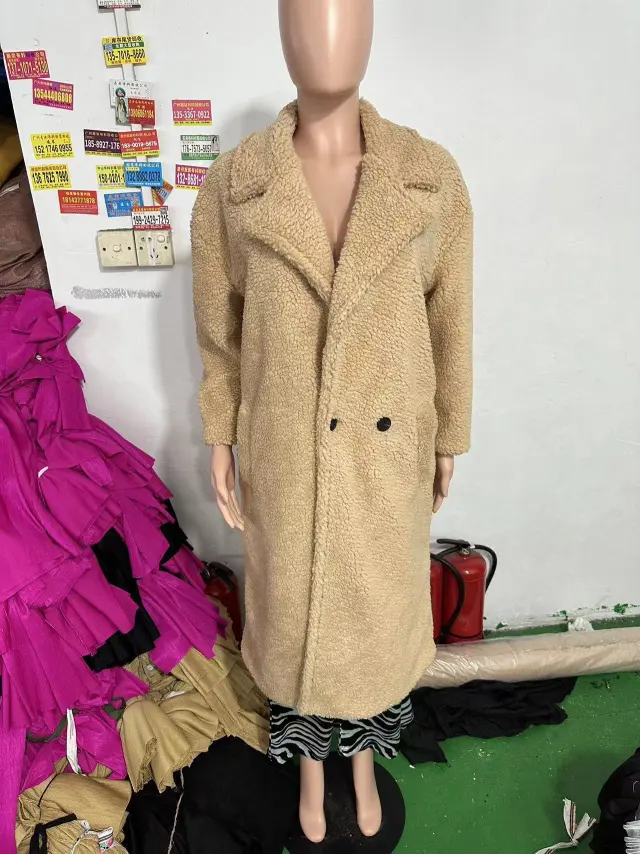 Lapel Lamb Fleece Coat With Pockets Faux Fur Coat Winter Warm Thickening Long Windbreaker Women's Clothing Khaki - Shop at LoveMi