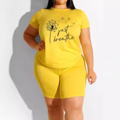 Loose Plus Size Print Casual Suit Drop Shoulder Sleeve Suit - Lemon Yellow - View 1