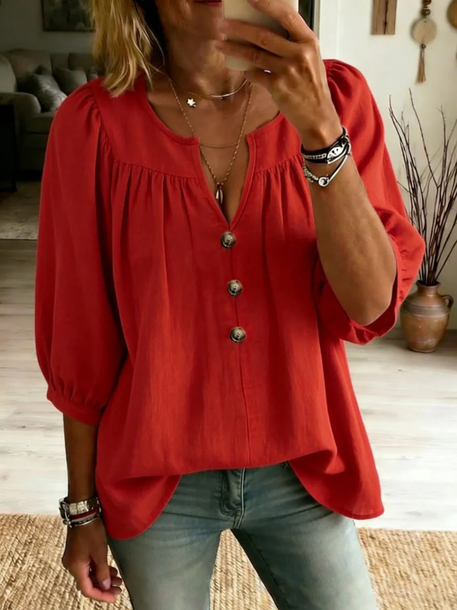 Women's linen three-quarter sleeve buttoned T-shirt in sky blue – loose fit casual chic