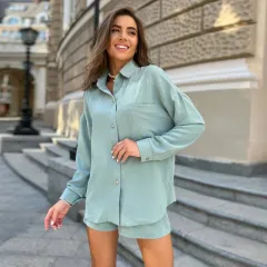 European And American Suit Women's Fashion Casual Linen Fabric Loose Shirt Lace-up Summer Shorts Two-piece Set - Light Blue - View 1