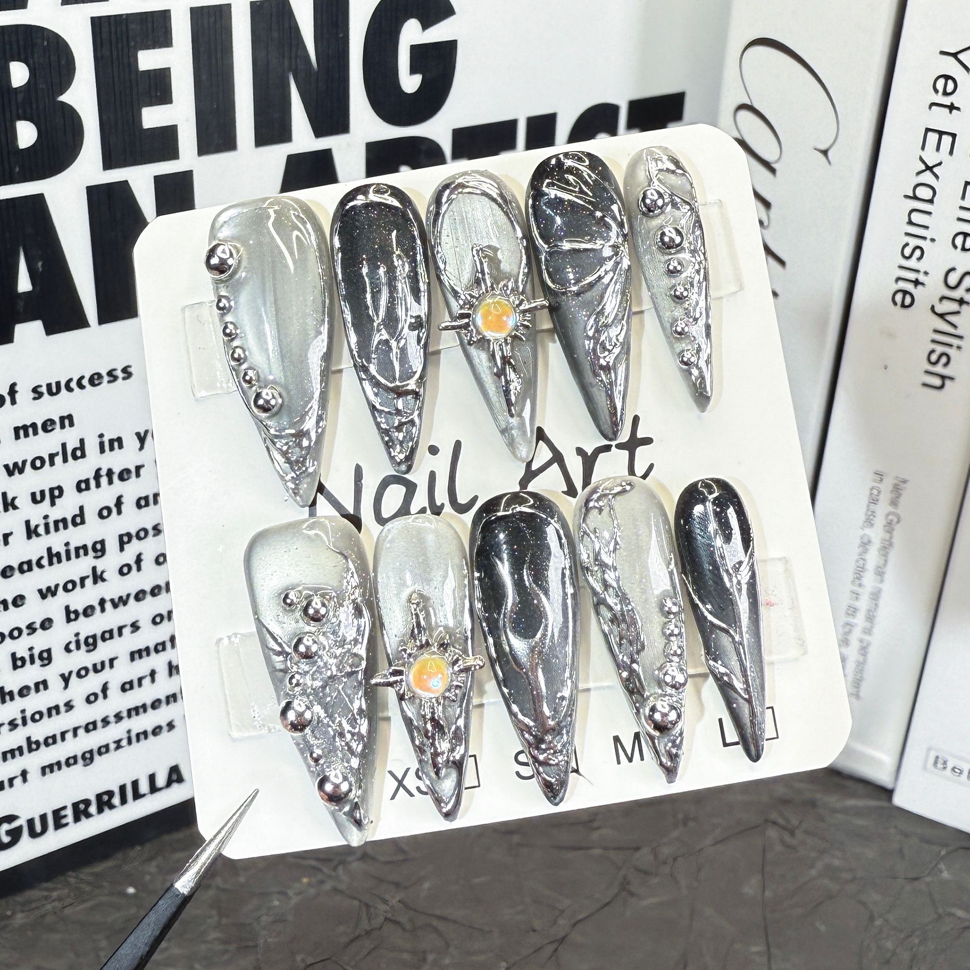 Euro-American Sweet Cool And Spicy Long Stiletto Nails With Metallic 3D Design