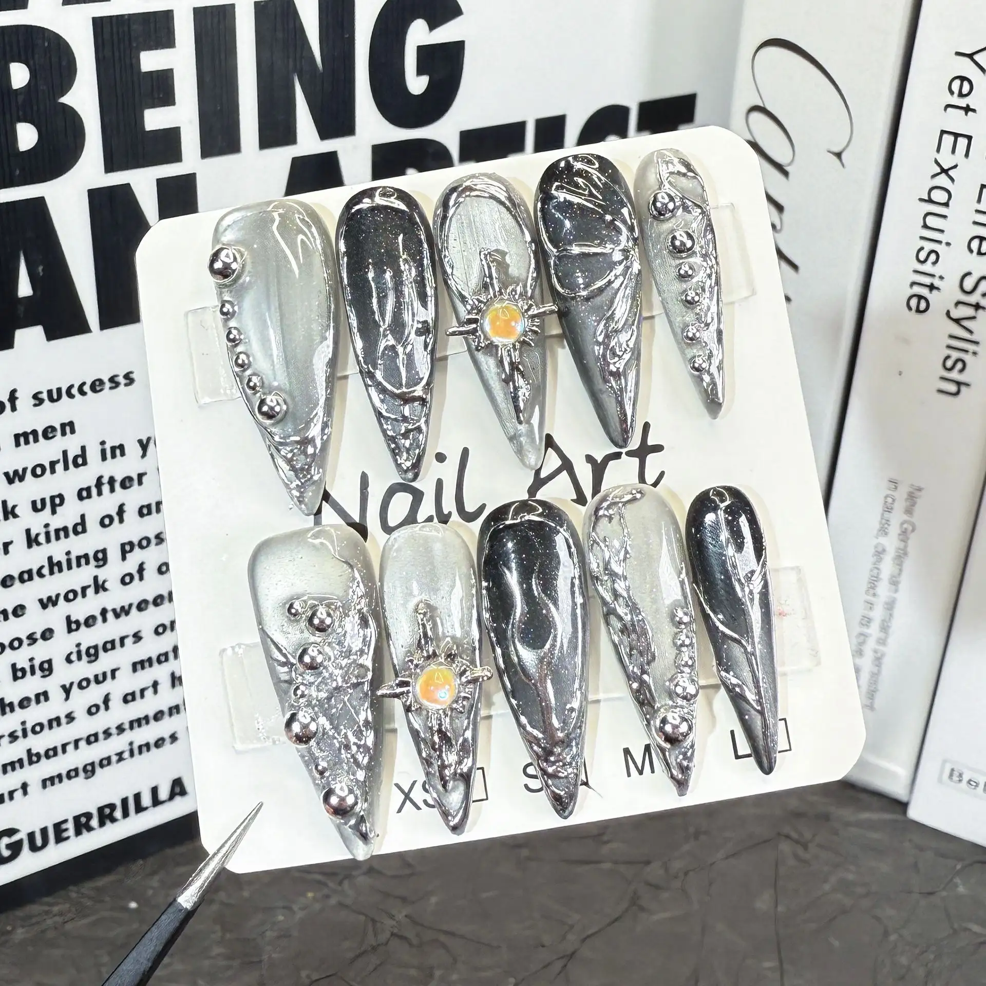 Euro-American Sweet Cool And Spicy Long Stiletto Nails With Metallic 3D Design