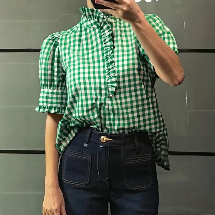 Retro Plaid Puff Sleeve Short-Sleeve Top For Women