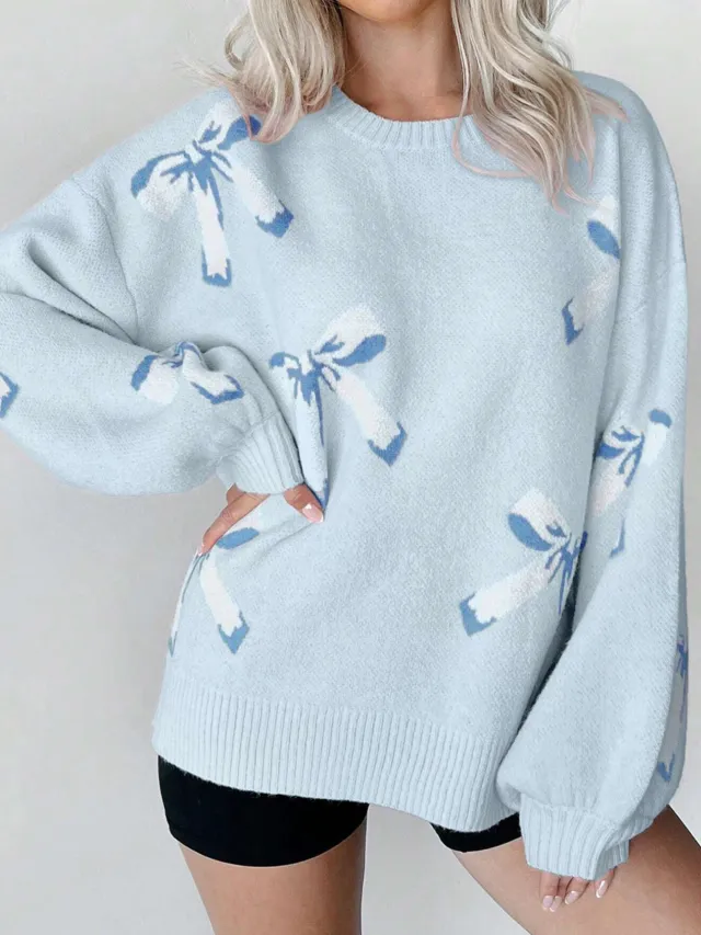 Bow Jacquard Lazy And Loose Pullover Sweater Light Blue - Shop at LoveMi