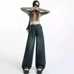 American Retro Distressed Belt Buckle High Waist Slimming Wide Leg Pants - Retro Blue - View 1