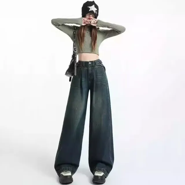 American Retro Distressed Belt Buckle High Waist Slimming Wide Leg Pants Retro Blue - Shop at LoveMi