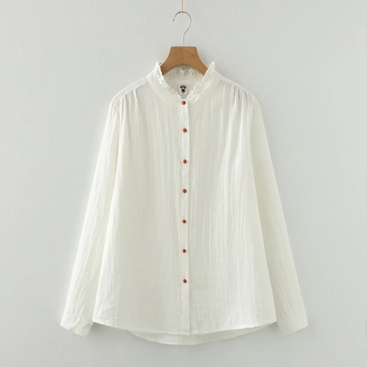 Color Buckle Lace Double-layer Cotton Yarn Long Sleeves White Shirt