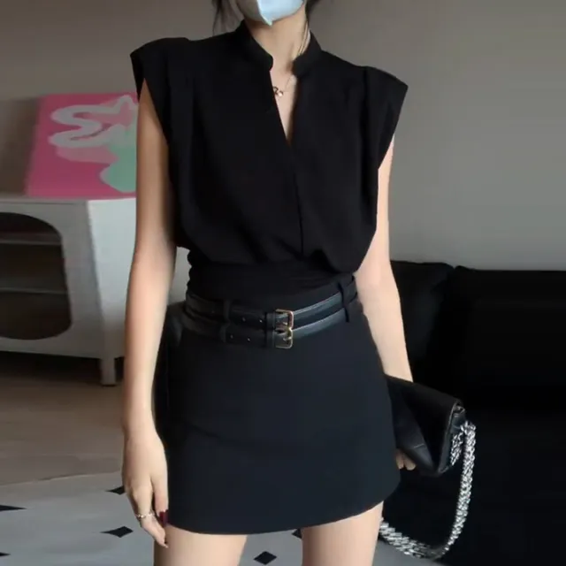 Goddess Temperament Sleeveless V neck Shirt Skirt Two piece Suit Jacket - Shop at LoveMi