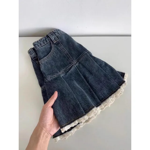 Women's Vintage Lace Pleated Denim Skirt Blue - Shop at LoveMi