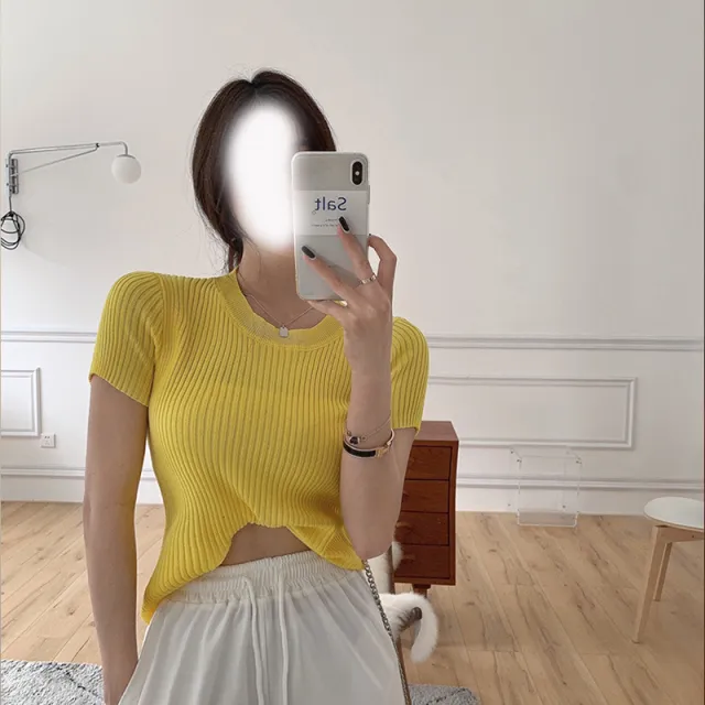 Fashion Short sleeved Knitted Top For Women 9328 Yellow - Shop at LoveMi