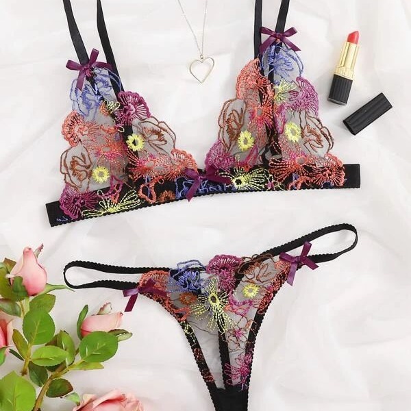 Sexy Womens Colorful Embroidered Three-Piece Lingerie Set