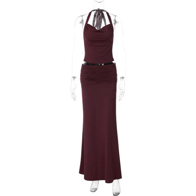 Sexy Lacing Tube Top Slim Fit Pleated Skirt Suit Wine Red - Shop at LoveMi