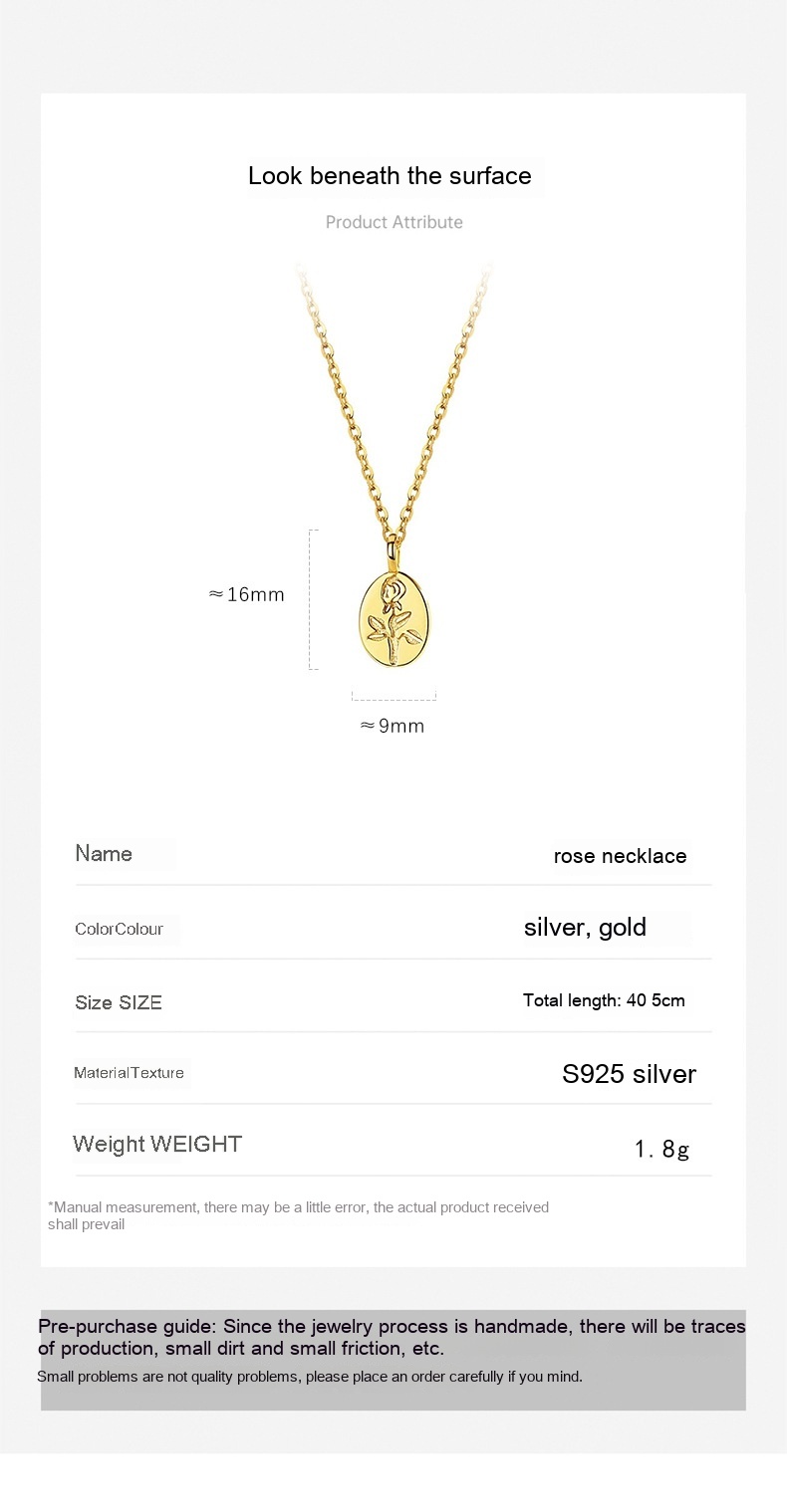 S925 Sterling Silver Embossed Little Prince Oval And Rose Flower O-shaped Chain