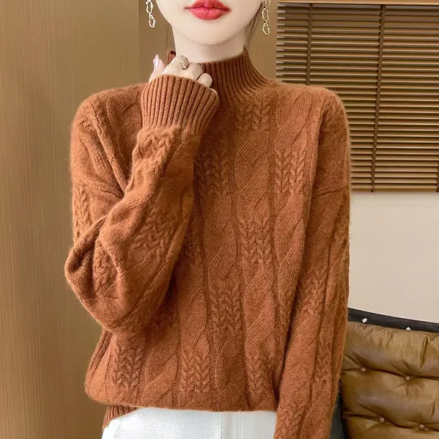 Female Solid Color Thickened Jacquard Turtleneck Wool Sweater Coffee - Shop at LoveMi