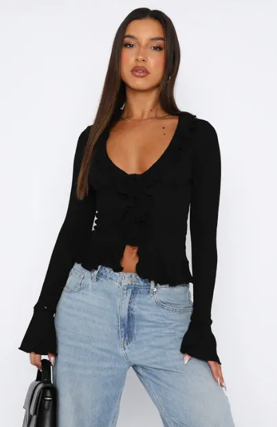 Irregular T shirt V neck Ruffled Flared Sleeve Button Short Cardigan Top Black - Shop at LoveMi