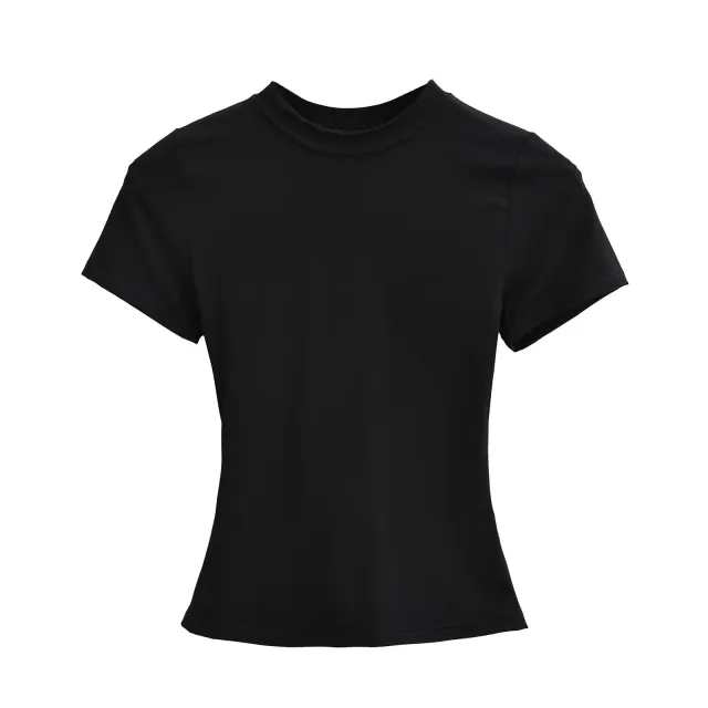 Solid Color Small Round Neck Elastic Shoulder Short Sleeve T shirt Basic Style Waist tight Classic Black - Shop at LoveMi