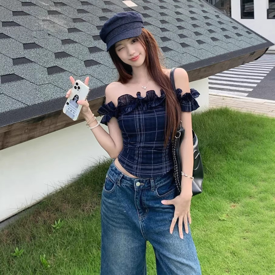 French-style Retro Ruffled Off-shoulder T-shirt Women's Summer