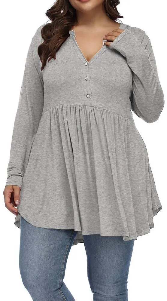 V neck Buttons Pleated Long Sleeve Plus Size T shirt Gray - Shop at LoveMi