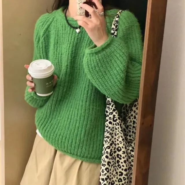 Idle Style Round Neck Sweater For Women Green - Shop at LoveMi