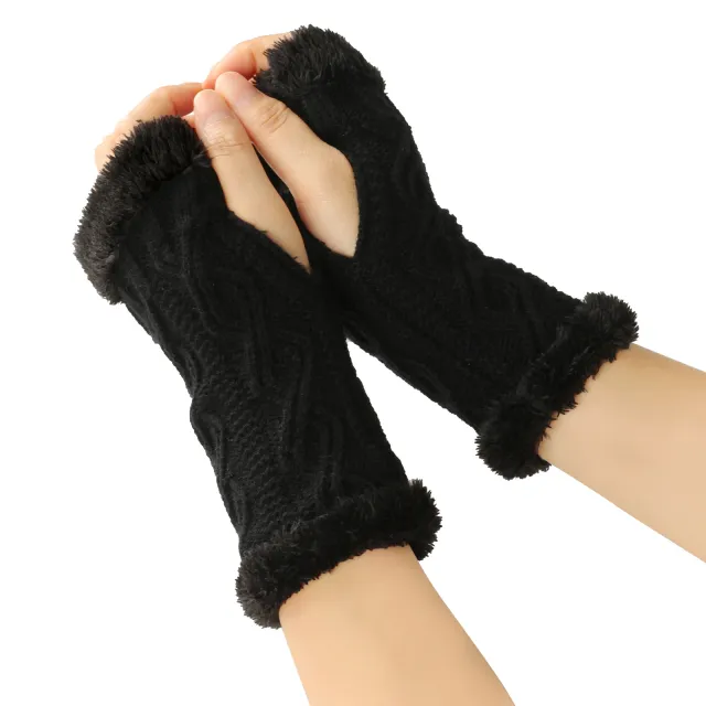 Rhombus Short Knitted Plus Fluff Thick Gloves Black - Shop at LoveMi