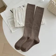 Autumn And Winter Solid Color Rib Fabric Warm Wool Calf Socks - Deep Coffee - View 1