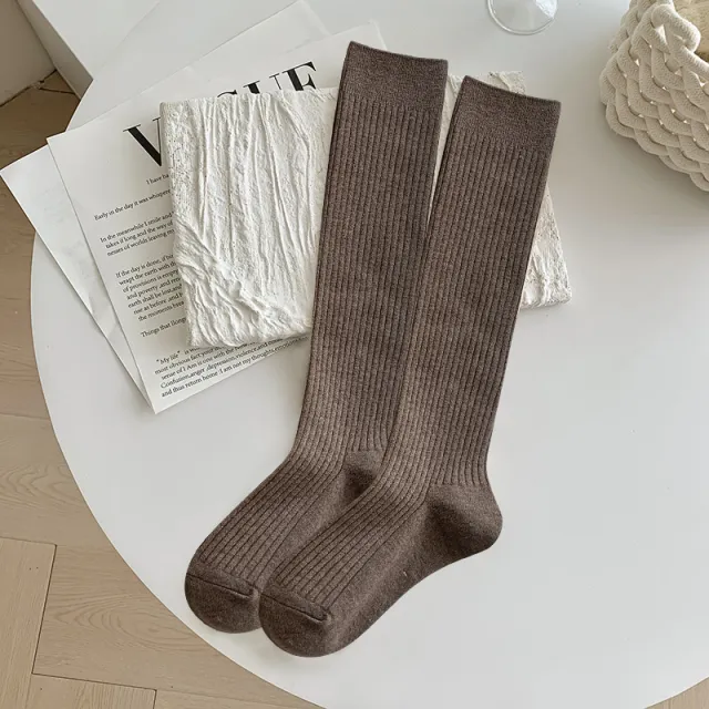 Autumn And Winter Solid Color Rib Fabric Warm Wool Calf Socks Deep Coffee - Shop at LoveMi
