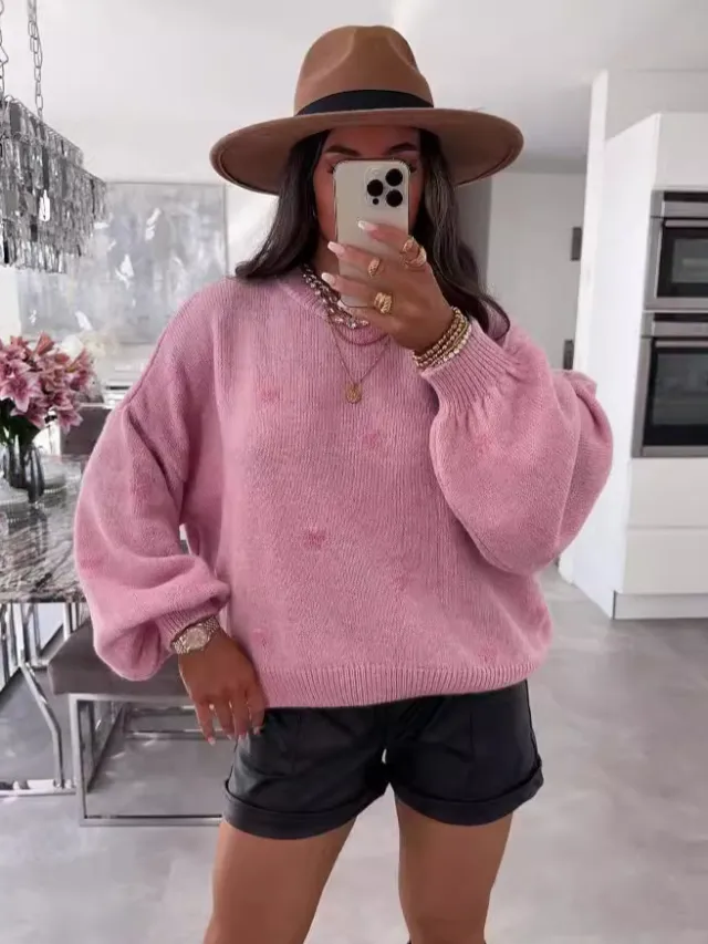 Female With Hearts Loose Sweater Pullover Long Sleeve Sweater Pink - Shop at LoveMi
