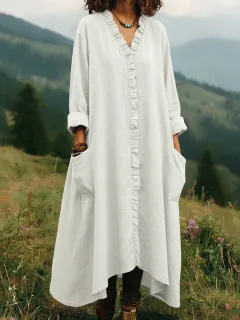 Stylish Relaxed-fit Cotton Midi Dress - White - View 1