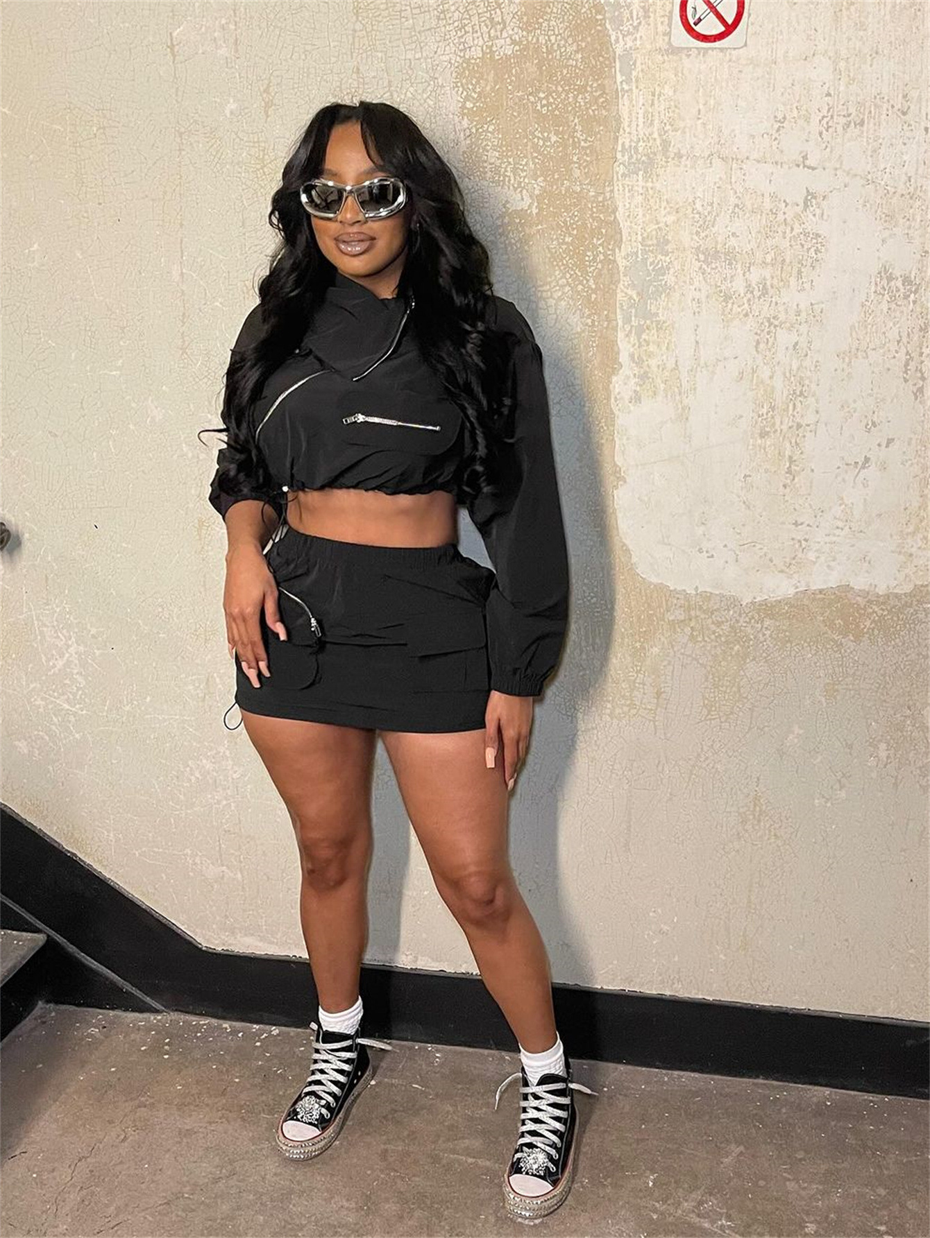 European And American Slim fit Solid Color Workwear Zipper Hot Girl Long sleeved Jacket Hip Skirt Black - Shop at LoveMi