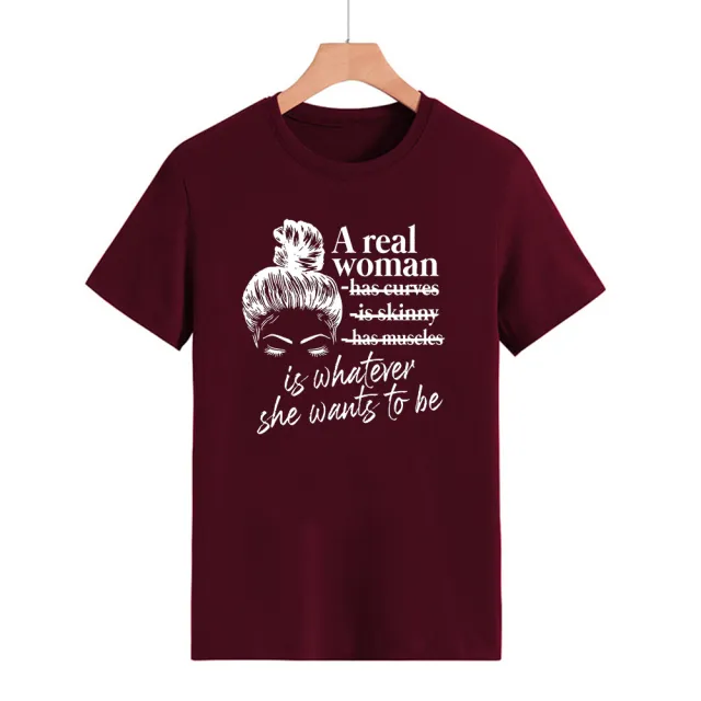 Letter Fashion Print Round Neck Short Sleeve T shirt Wine Red - Shop at LoveMi