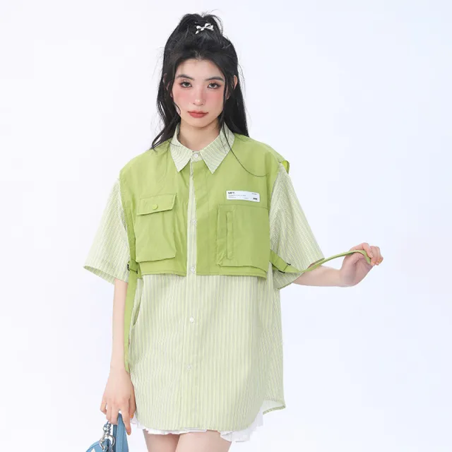 Women's Striped Overalls Short sleeved Loose Shirt Green - Shop at LoveMi