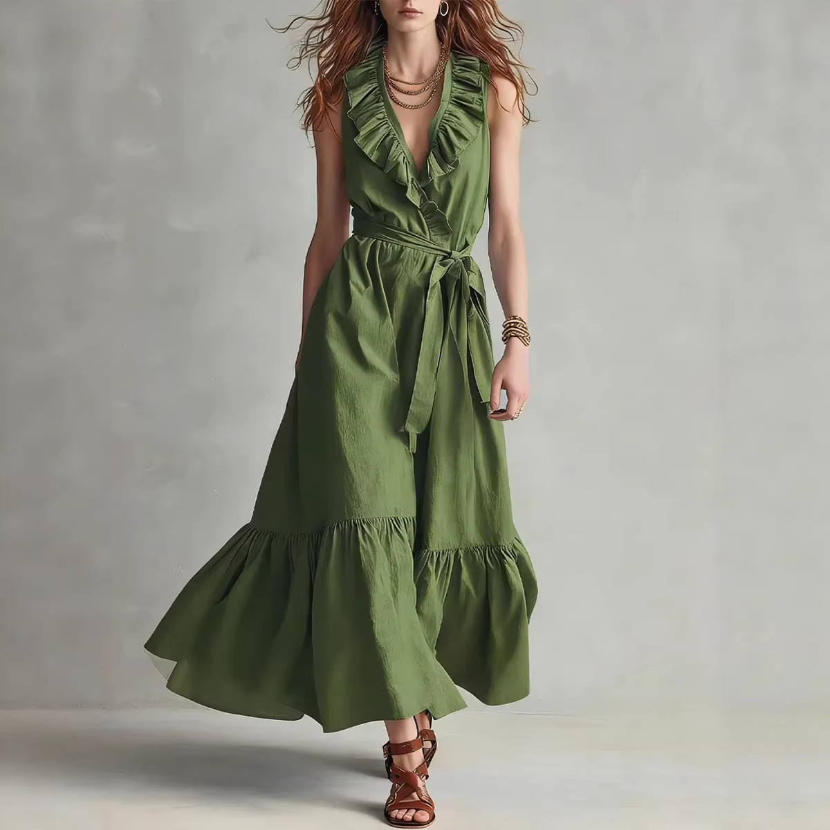 V-neck Sleeveless Lace-Up Panelled Dress