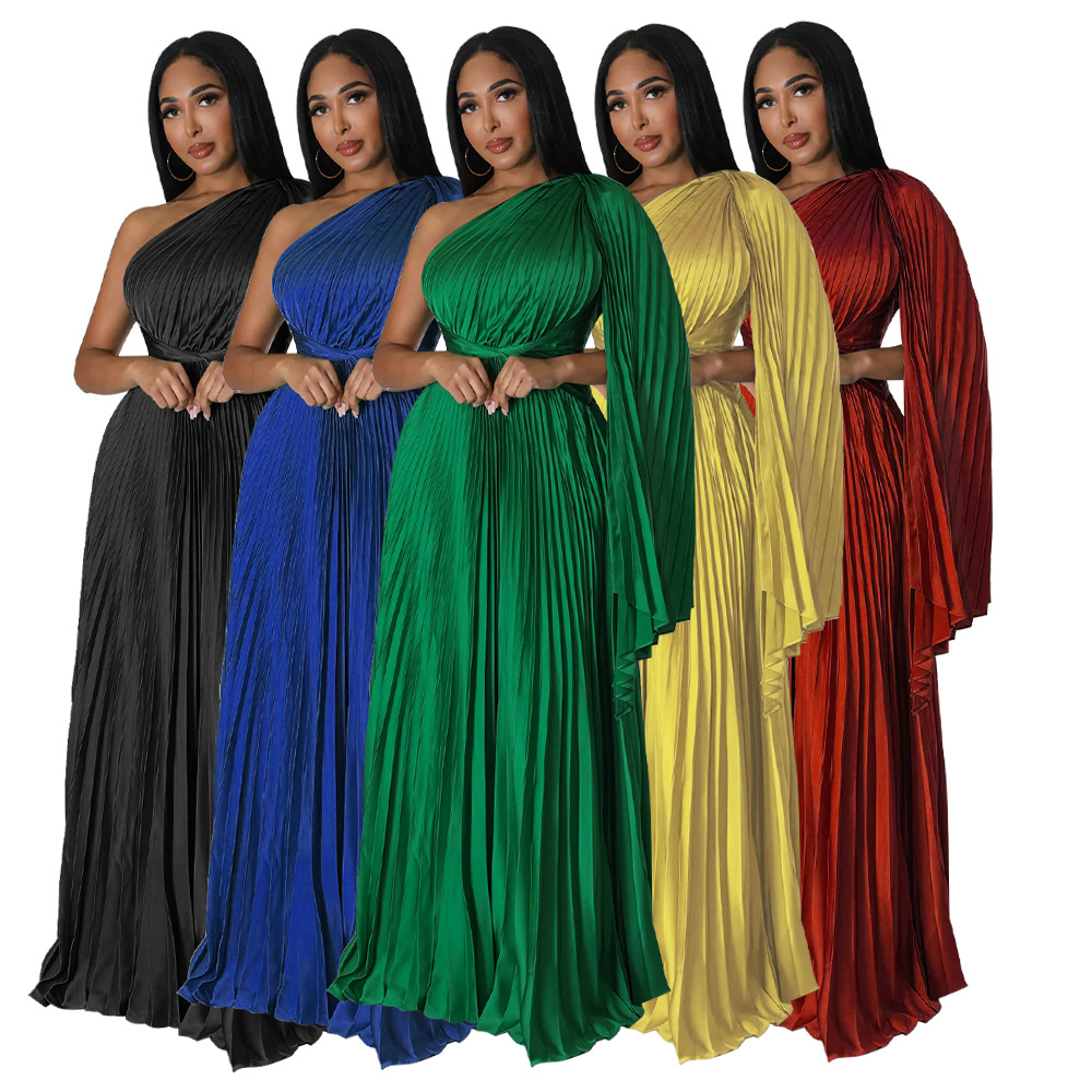 One-Shoulder Pleated Maxi Dress