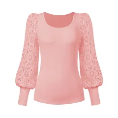 New Fashion Lace Long Sleeve Pullover Small Sunken Stripe T-shirt - Estv035 Pink - View 1
