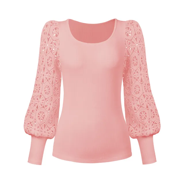 New Fashion Lace Long Sleeve Pullover Small Sunken Stripe T shirt Estv035 Pink - Shop at LoveMi