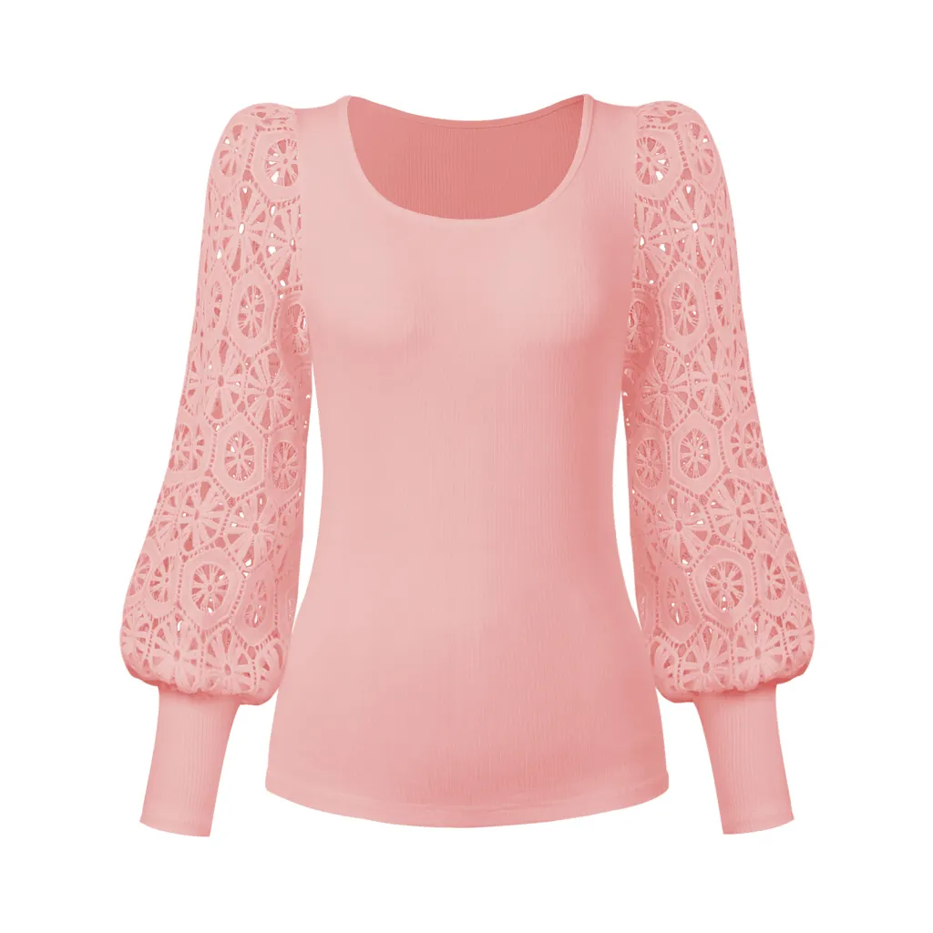New Fashion Lace Long Sleeve Pullover Small Sunken Stripe T-shirt - Estv035 Pink